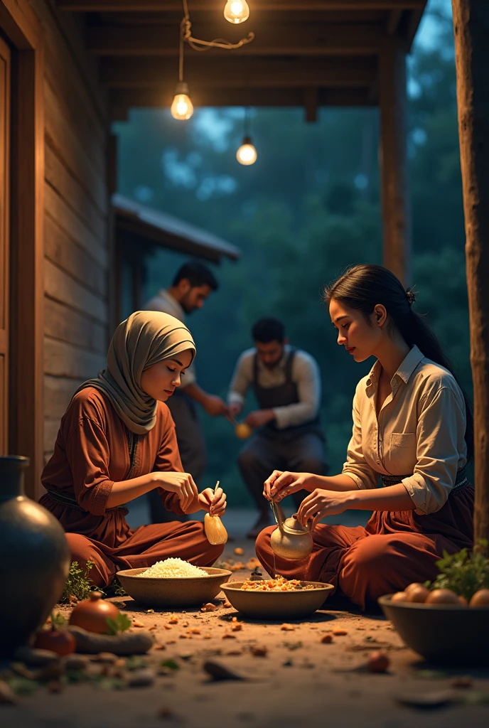 (photorealism:1.2), a top aerial view of two malay hijab beauty girl sitting on a floor,, wear a shabby blouse shirt and a batik sarong sitting on a floor in a traditional kitchen, a girl is pouring a milk into a wok and her friend is pick up a plate of meal, old urn, top aerial angle, in a morning sunshine, two girls sitting on a floor