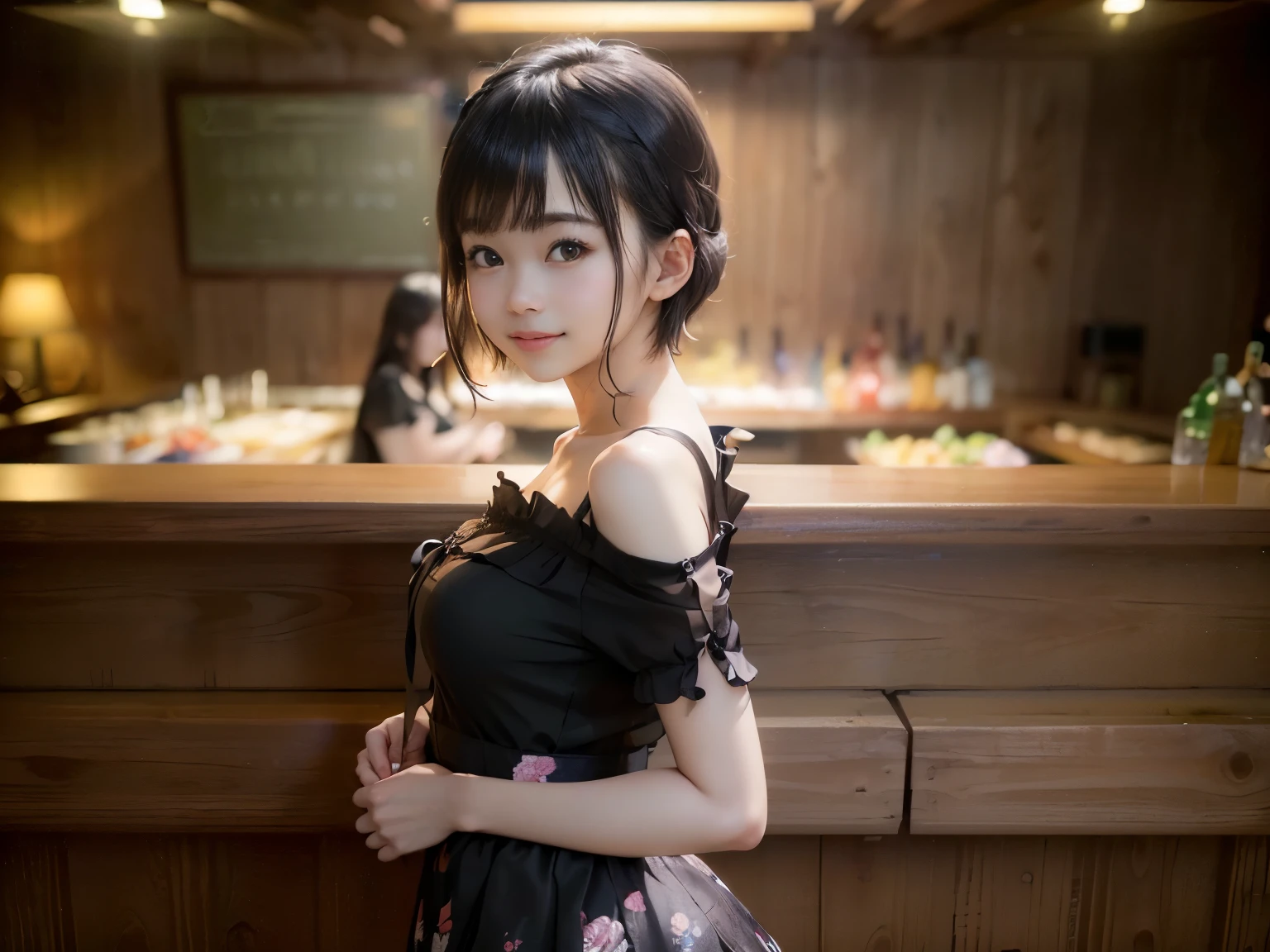 (Highest quality, masterpiece, Ultra-high resolution, 8k, RAW Photos, Realistic, Anatomically correct:1.5), 20-year-old girl:1.2, Embarrassing, avert your eyes, blush:1.0, View Viewer, ((bar)) 、Large windows、Night view、 Light:1.2, Bokeh, Cinema Lighting:1.0, Depth of written boundary, sharp、 Cute Face、Idol、(Black short sleeve lace top)、(Black tulle skirt)、(Black clothing)、(Floral clothes)、”dwarf”、(Full Body Shot)、(Side angle)、Cowboy Shot、( smile)、((Ultra short hair、Berry Short))、(Straight bangs)、((See-through))、(( One woman))、look back、I can see your belly button、