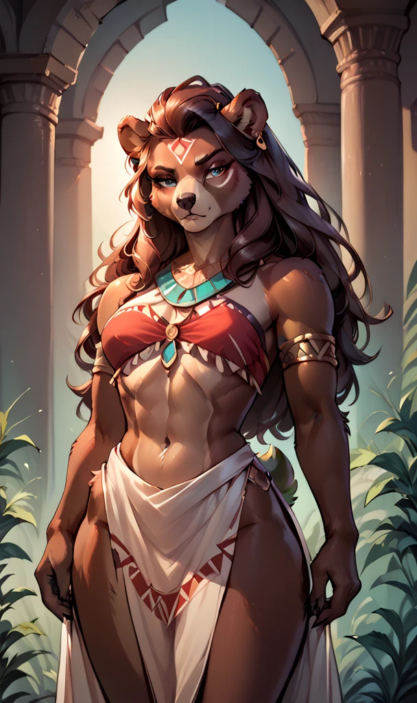 anthropomorphic, (bear), feminine, beautiful, attractive, tribal clothing, shapely body, fur, large, sensual, attentive eyes, (serious expression), appropriate scenery, (great lighting), (masterpiece), (best quality), (random view)