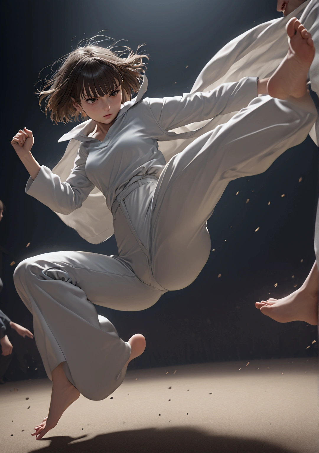 a woman kicking a person in the groin, ballbusting, LoRa Fubuki, realistic, detailed, photorealistic, 8k, highly detailed, cinematic lighting, dramatic pose, vivid colors, dynamic action, extreme violence, gritty, moody, dark, intense, cinematic, masterpiece