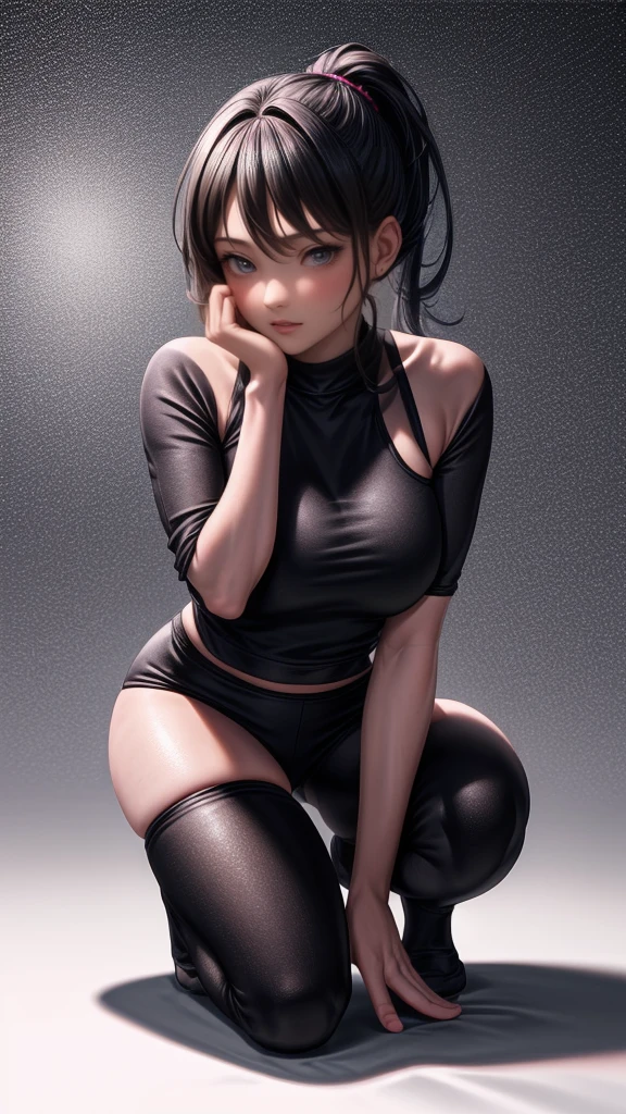 1girl, doing a squat, ponytail hair, wearing black leggings and a black cropped top, athletic build, full body, 2 hands, 5 fingers on each hand, hands positioned in front for balance, knees bent at a 90-degree angle, back straight, wearing black athletic sneakers, focused expression, symmetrical facial features, realistic proportions, high detail, 4K, ultra HD, gym setting, natural lighting, minimal background.