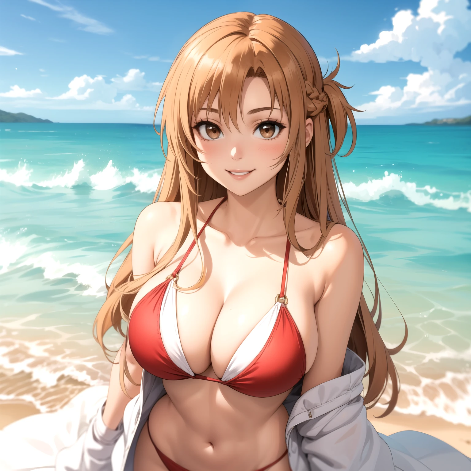 as Yuuki, 20 year old woman, Brown hair, hazel eyes, smile, big chest, white and red bikini, walking on a beach.