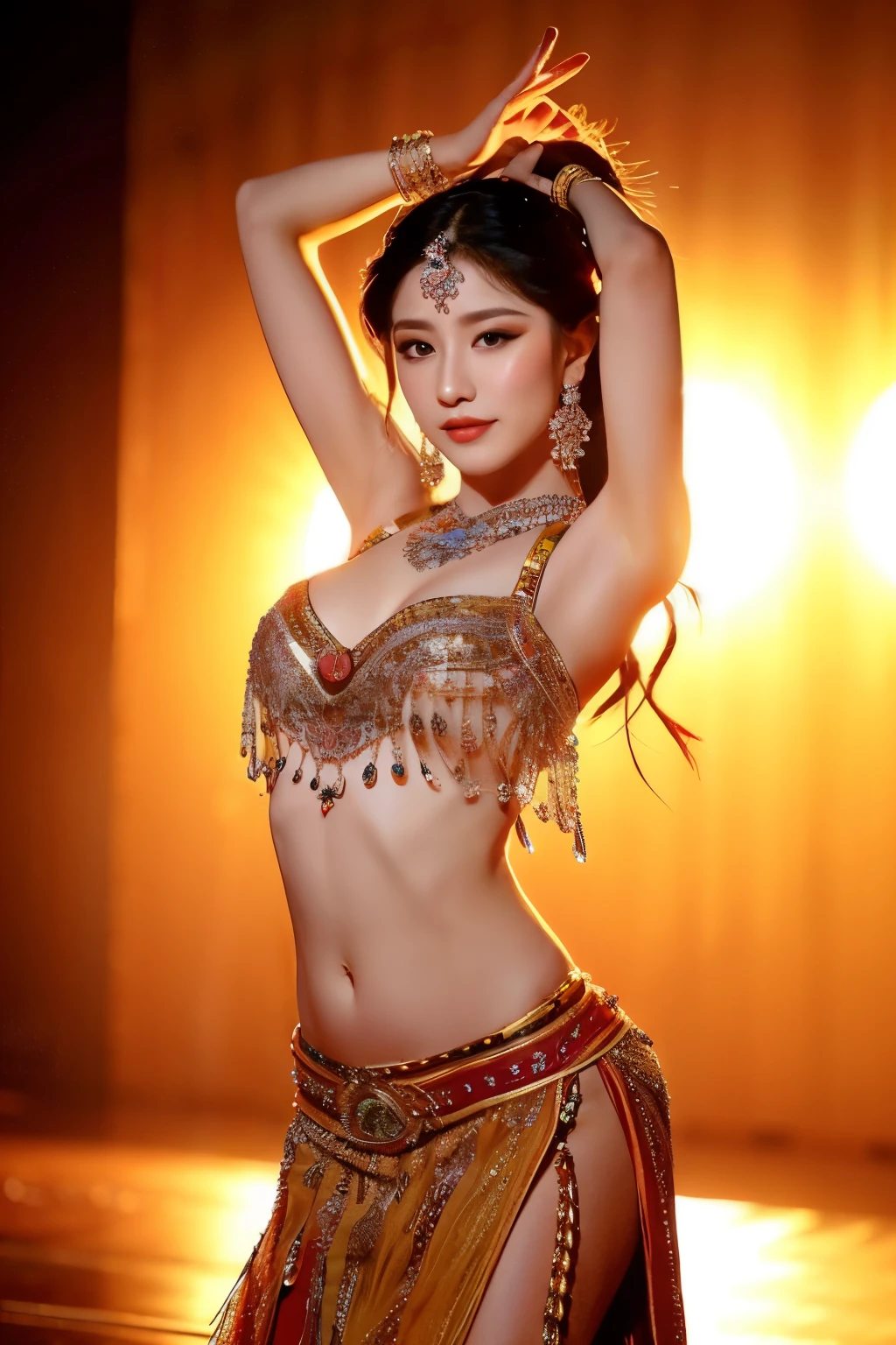 (best quality,masterpiece:1.2,high resolution,4k,8k),ultra-detailed,(realistic,photorealistic,photo-realistic:1.37),1girl, Aishwarya Rai on the stage,belly dancer,chubby,big breasts,vivid colors,stage lights,dynamic movement,golden jewelry,cultural attire,expressive eyes,graceful posture,straw hat,colorful veil,energetic performance,dancing with confidence,elegant hand gestures,mesmerizing expressions,beautiful patterned dress,engaging with the audience,sensuous dance rhythm,enthralling stage presence,celebration of femininity,expressive body language