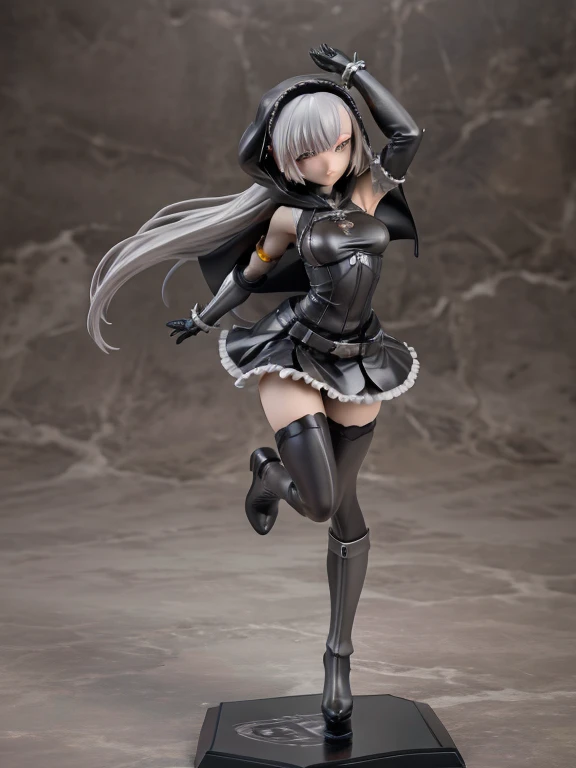 ((best quality)), ((masterpiece)), (detailed), 1 girl, Full body, 1, Depressed face, Silver eyes, Arms outstretched, Arms behind waist, Metal covering her eyes, Gray zippered hood, Blushing, Silver hair, Straight hair, Bangs, Lock of hair covering her eye, Full body, Medium breasts, Slim body, Metal spikes, Grey wristbands, Long black gloves with spikes, Grey Gothic ****ta dress, Grey dress with metal spikes, Metal emblem, Somewhat tight, Black belt, Metal legs, Black pantyhose, Black boots, Walking through the city, Metal coming out of the road, City background, Anime