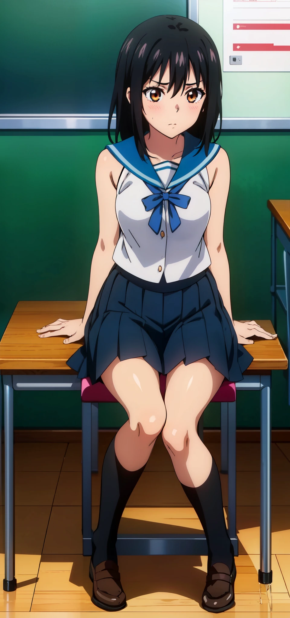 Yukina, black hair, sitting, 20-year-old, medium breasts, medium hair,healthy skin, masterpiece,  school uniform, cum, 20-year-old, high quality , classroom, sleeveless, blushed, trembling, symbols, speech, full_body 