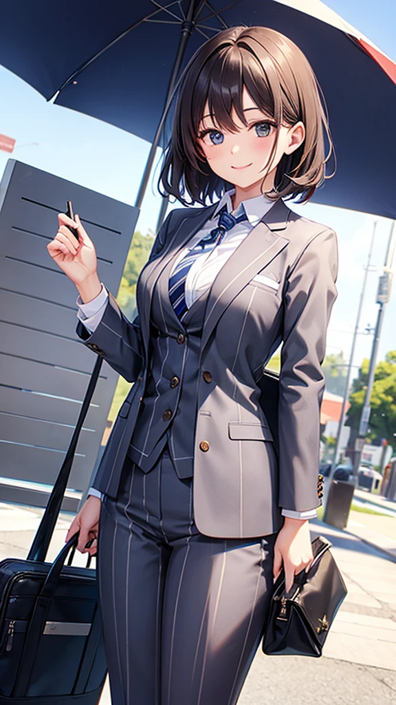 Woman in striped suit smile tie