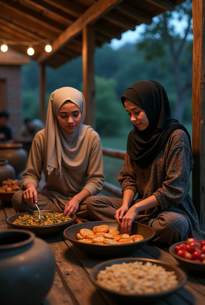 (photorealism:1.2), a top view of two malay hijab beauty girl,, wear a shabby t-shirt and a batik sarong sitting on a floor in a traditional kitchen, a girl is pouring a meal into a wok and her friend is pick up a plate of meal, old urn, top aerial angle, in a morning sunshine,