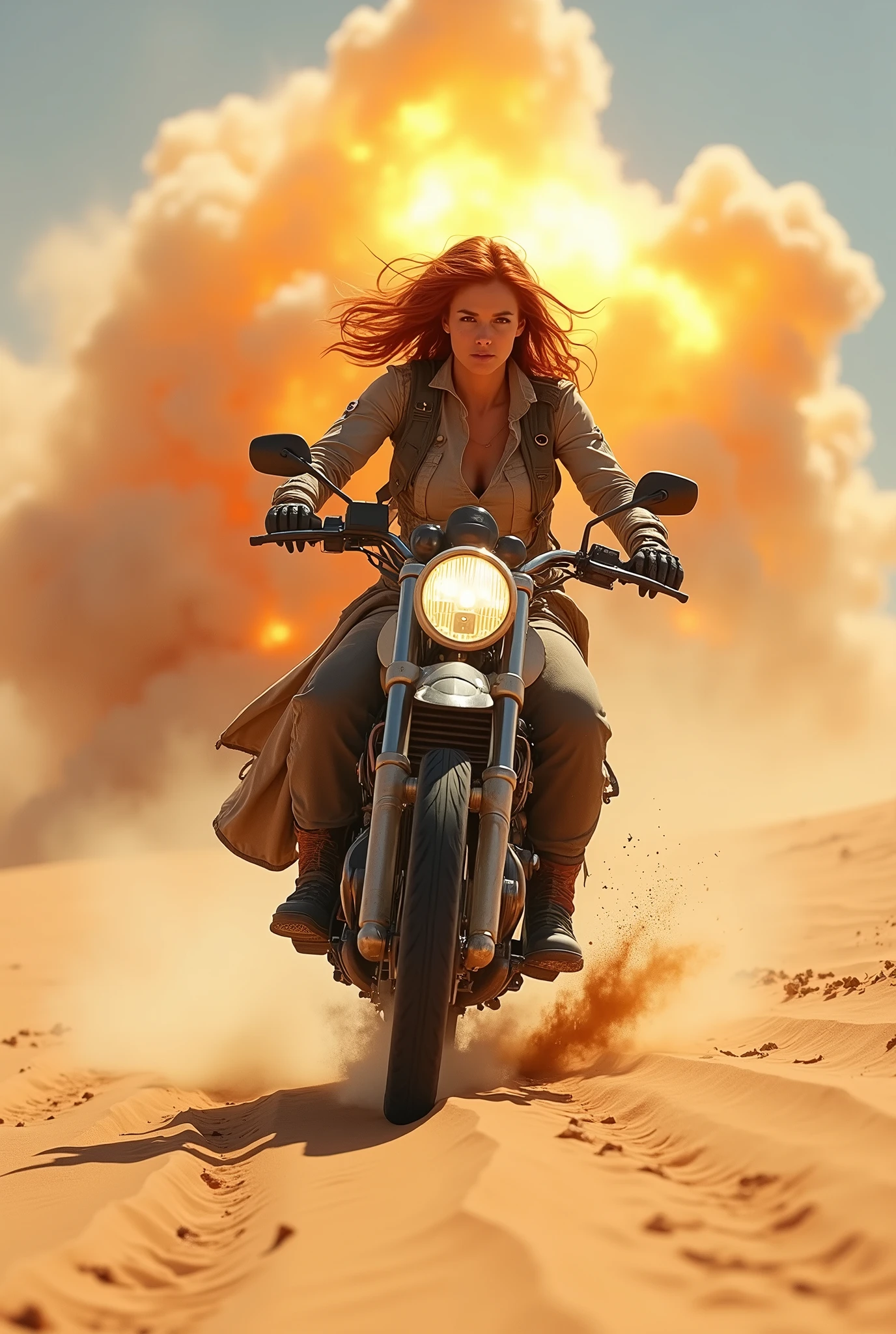 Capture a high-fidelity, action-packed scene of a very pretty red hair female riding a motorcycle through a vast desert, her determined expression and flowing attire adding to the sense of urgency. Behind her, massive sand explosions erupt, closing in with clouds of debris swirling in the air. The adventurer’s windswept hair and rugged desert gear billow in the intense wind, emphasizing her movement as she dashes across the golden dunes.

The scorching desert sun casts long shadows and highlights the texture of the sand, while the dramatic explosions create a sense of danger and high stakes. The dust and sand particles caught in the air are illuminated by the sunlight, adding dynamic energy to the scene. The composition captures the tension and thrill of the moment, focusing on the adventurer's escape with the fierce, ever-encroaching chaos behind her.