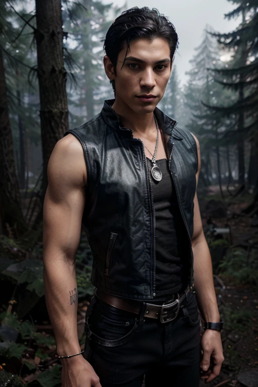 Chai Romruen, Zac Blakely, Teen Wolf, 18 years old, short messy black hair, brown eyes, black sleeveless shirt with black collar, leather belt, dark black jeans, silver moon pendant, black jeans, black misty forest background .