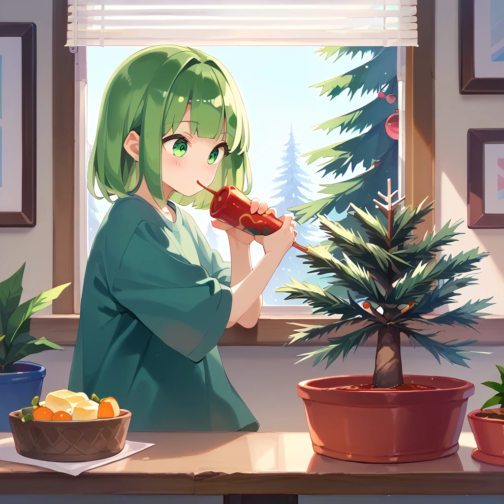 score_9, score_8_Excellent, score_7_Excellent, score_6_Excellent, sauce_anime, (((Pine tree in a pot)))、Cute girl slime, window, window blinds,
