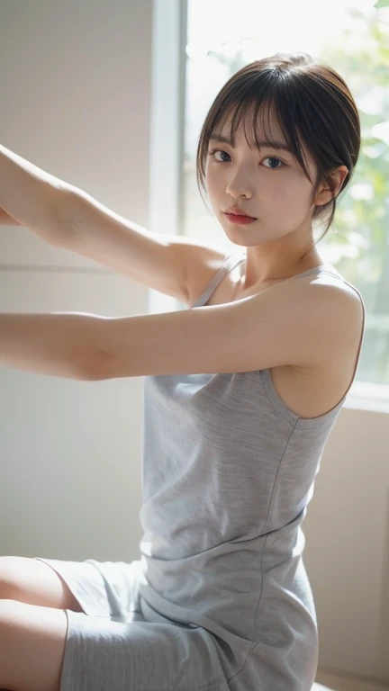 leaning and stretching against a glass window, short straight hair, navy blue sleeveless dress with white trim, natural light from the left, suggesting early morning, creating soft shadows, indoor setting with a modern, minimalist vibe, calm and relaxed atmosphere, low-angle shot typically suited for full-body views.