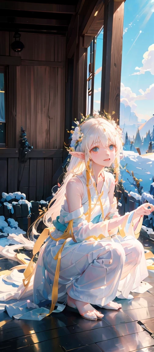 White long hair anime girl wearing white shirt and flower crown, Snow scene，a beautiful anime portrait,tmasterpiece， one-girl， Cloud Girl， Clouds， Colorful， Transparent body，Sparkling，full bodyesbian，long skirt，White top，green long skirt，Transparent clothes，Elf wings，Red streamer