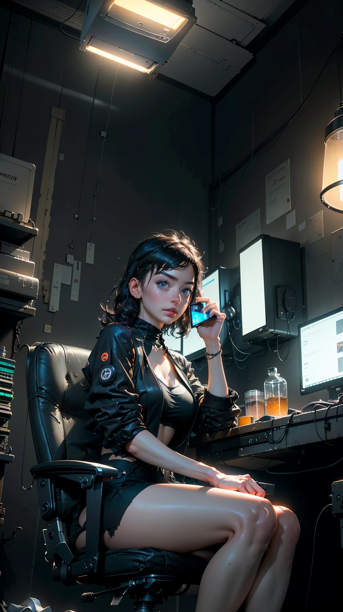 Photorealistic, Cinematic, high quality, Cyberpunk girl sitting at a computer, in an abandoned room with Cables and pipes, Industrial Wall Mounted Fan, Cyberpunk city windows, Dark Environment, Matrix Style, Blade Runner Style, Messy room, Computers and servers, Cables and pipes, industrial setting, fog.