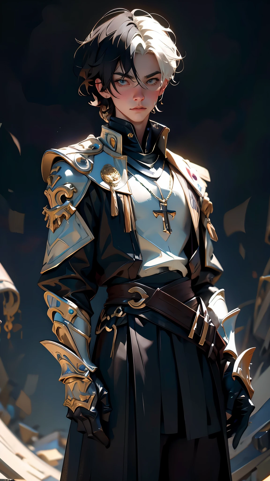 envision a 8k, highres, cinematic, detailed, semi realistic pinup of a cute boy, with a slender face, big eyes, a short slender body, and shaggy short blonde hair, multicolored hair, black highlights, side locks, small ponytail, blue eyes, black gauntlets, shoulder cape, noble, knight armor, (((1boy))), in dark lighting, against a dark background