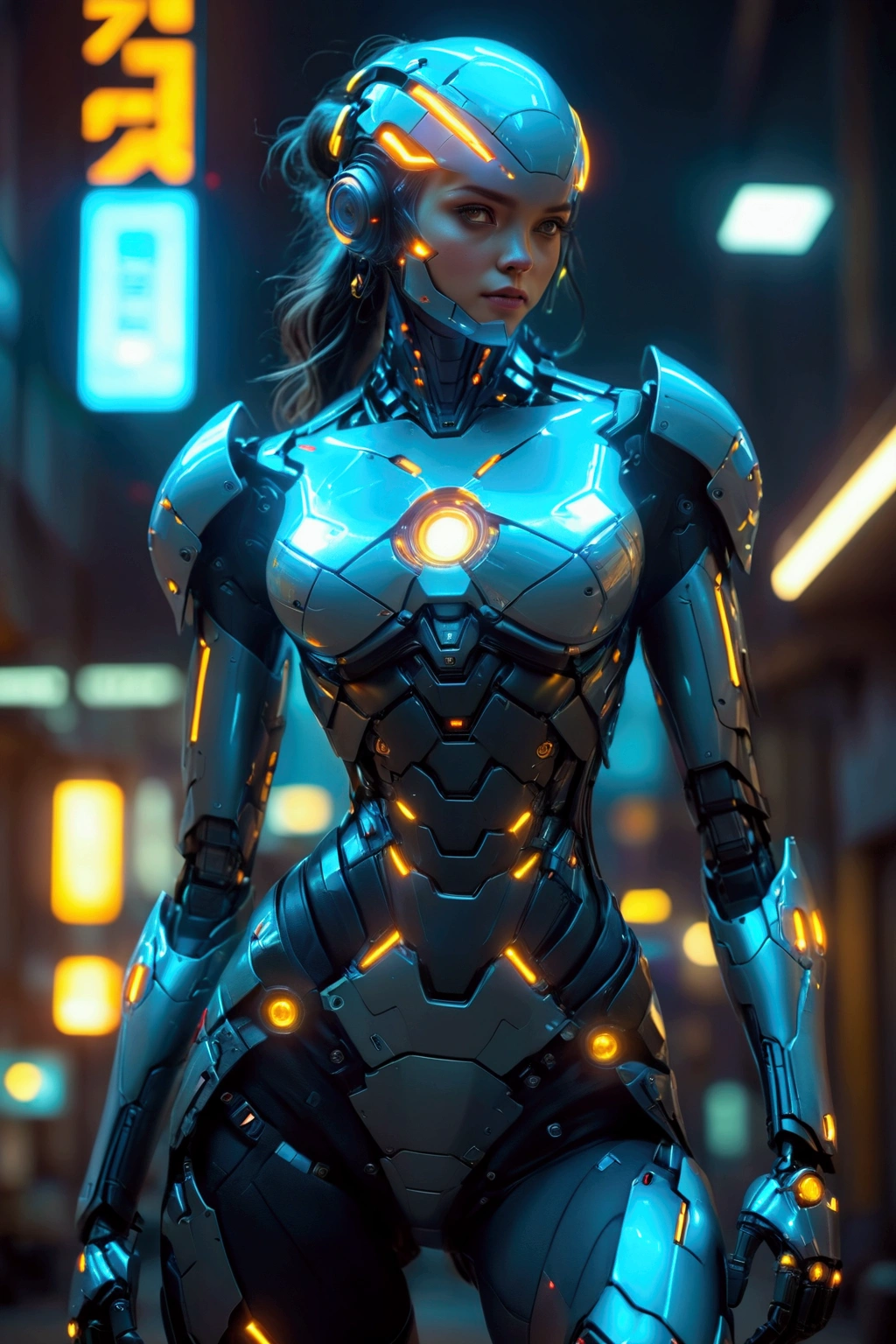 female mecha, closed cyberpunk helmet, superheroine, scifi, ultra-technological, robotic exoskeleton, neon lights, stealthy mode, Matte Black Metal, technomagic, magic, powerful, heroine fullbody pose, fullbody, cinematic lights, cinematic light and shadow effects, superheroes movie, photorealistic