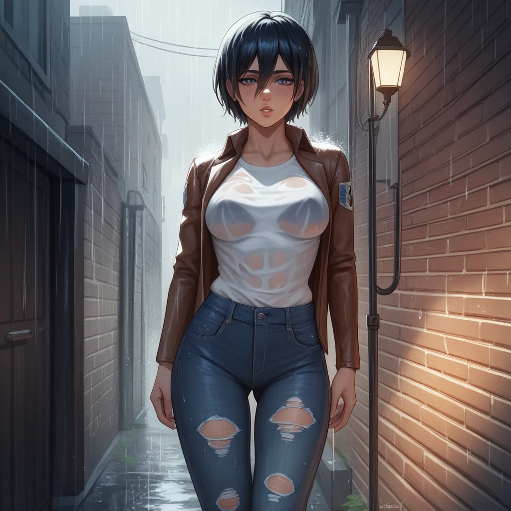 score_9_up, score_8_up, score_7_up, score_6_up,Mikasa Ackerman from Attack on Titan, in a dark, rain-soaked alley at twilight, wearing a partially torn white blouse and jeans that are soaked through. She’s pressed against a brick wall with her dark-skinned partner and a thick black cock penetrating her from behind. The rain and street lights create a dramatic effect with vibrant reflections and highlights on her skin. Her face shows a mix of pleasure and exhaustion, eyes half-lidded, with cum visibly dripping down her legs