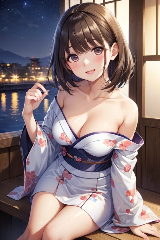 (masterpiece:2.0), (top-quality:2.0), (sitting naked:1.5), (extremely mini skirt extremely small pink yukata:1.5), (super thin fabric:1.5), (sexypose:1.5), (blushed face:1.3), (barechested:1.3), (realistic:1.5), 1 , precise hands, Embarrassed look, light smile, Look at me and smile, extremely cute girl, innocent face, young face, Clear eyes, Shining eyes, small breast, (cleavage of the breast is visible:1.5), (the thighs is visible:1.5), The crotch is visible, No pubic hair, full body, The beautiful skin, ultra-definition, Top resolution, japan high school student, brown hair, at the night festival