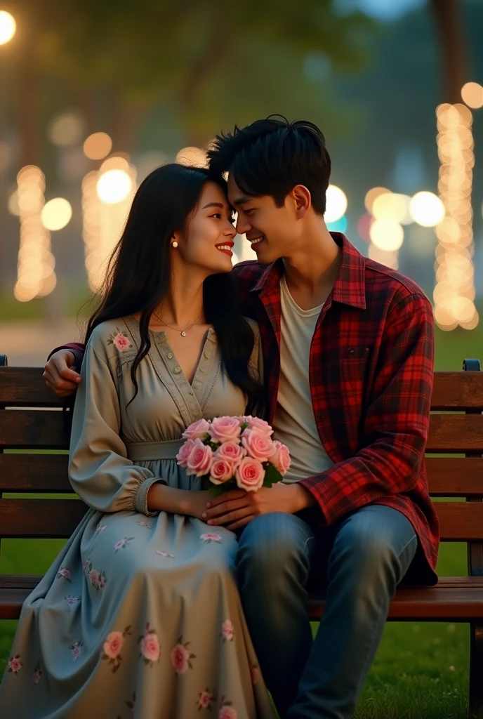 Real Pinoy Pinay couple man with jacket leather T -shirt white women beautiful with dress The woman is sitting then the is lying on the woman's thigh on the nature grass