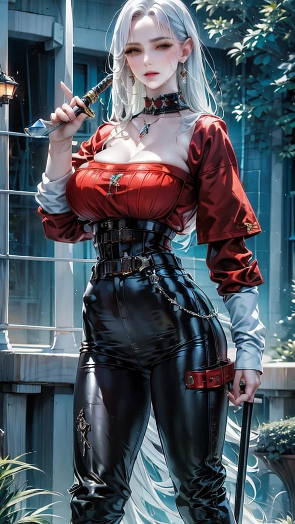 Melodia(1), detailed face, wonderful woman, oversized clothing, red shirt(1.2), long sleeve, fantasy style(1.4), beautiful scenery, white hair (head), haircut short, yellow eyes (intense color ), reddish skin,wearing black techwear jacket and trousers with buckle and tape, ((a crystal necklace)), holding one katana, best quality, incredible quality, very aesthetic. Woman on the street, elegant atmosphere, vibrant colors. Ultra detailed and extremely detailed CG, 8k Unity wallpaper, official art, perfect anatomy, beautiful detailed eyes, oversized pants, leather jeans, beach heat, goddess. sea ​​flowers, blush, sweat, sexy mouth, ((best quality)), ((master part)), ((detailed)), 16k, HDR, RTX, (masterpiece, aesthetic: 1.3), (1 girl), perfect hands, (dynamic pose:1.2), close-up, portrait.