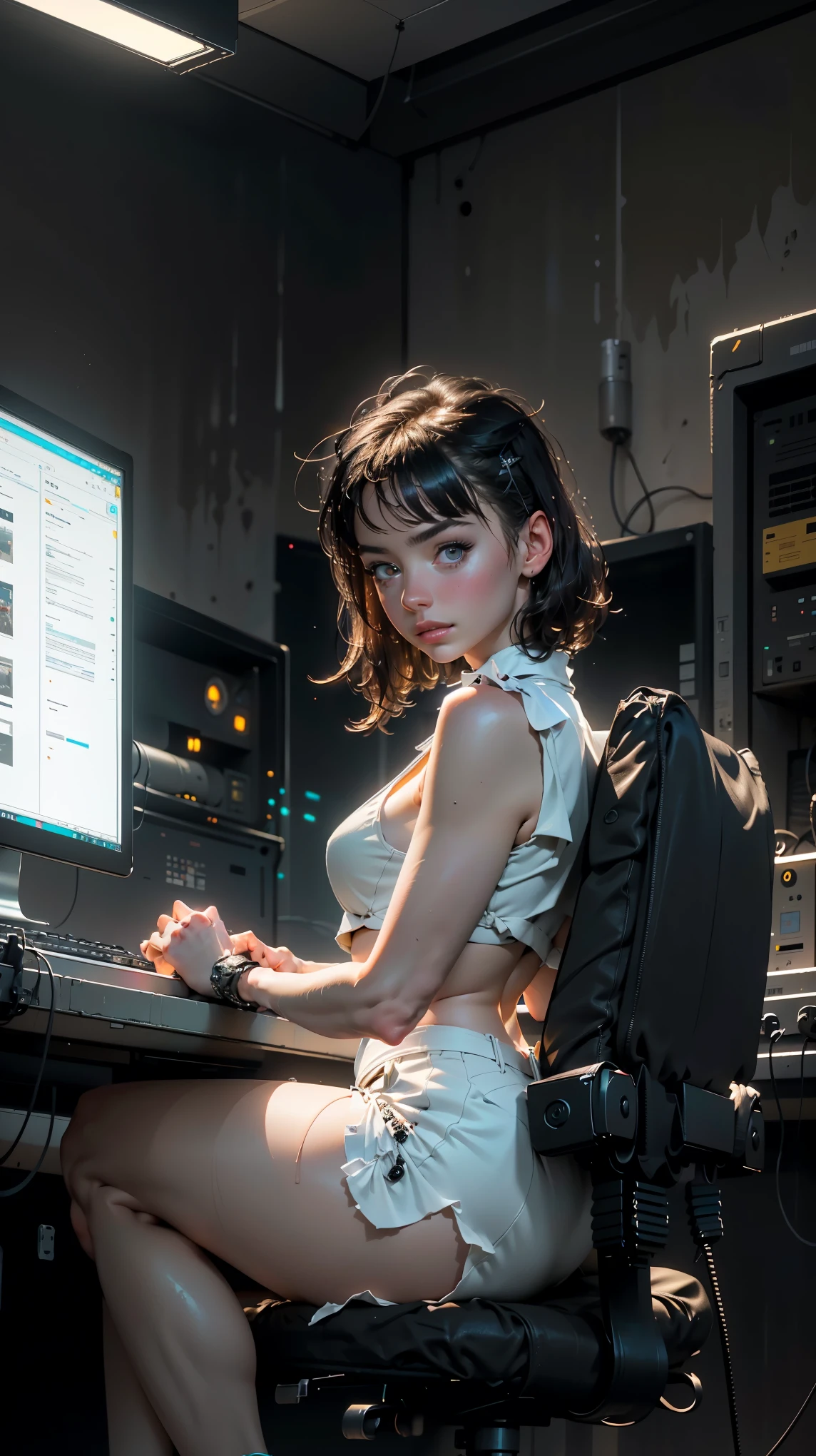 Photorealistic, Cinematic, high quality, Cyberpunk girl sitting at a computer, in an abandoned room with Cables and pipes, Industrial Wall Mounted Fan, Cyberpunk city windows, Dark Environment, Matrix Style, Blade Runner Style, Messy room, Computers and servers, Cables and pipes, industrial setting, fog.