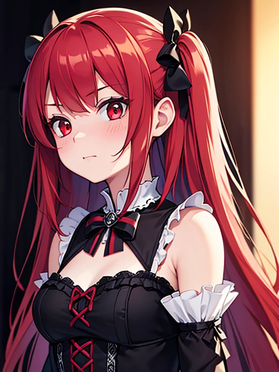 1girl, cute, gothic lolita, redhead, long hair, two side up, red eyes, sullen, shy expression, blushing, cowboy shot, detailed face, highly detailed, 8k, masterpiece, (best quality:1.2), (realistic:1.37), HDR, UHD, studio lighting, ultra-fine painting, sharp focus, physically-based rendering, extreme detail description, professional, vivid colors, bokeh, digital painting, surreal, dark fantasy