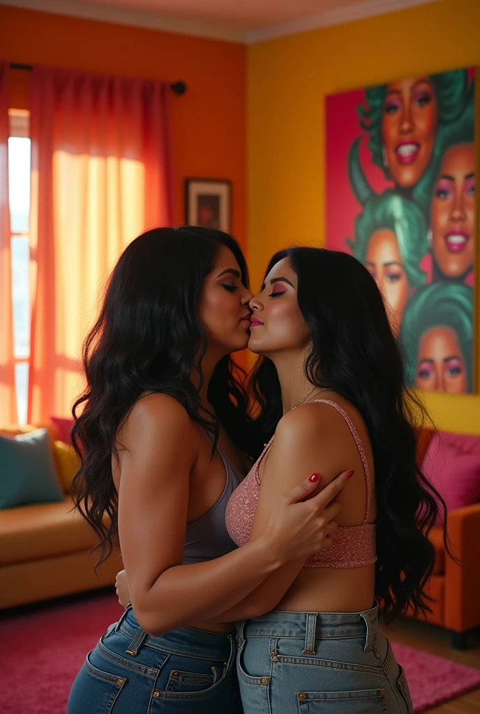 2 15 year old Latin girls with curly black hair kissing in sexy underwear 