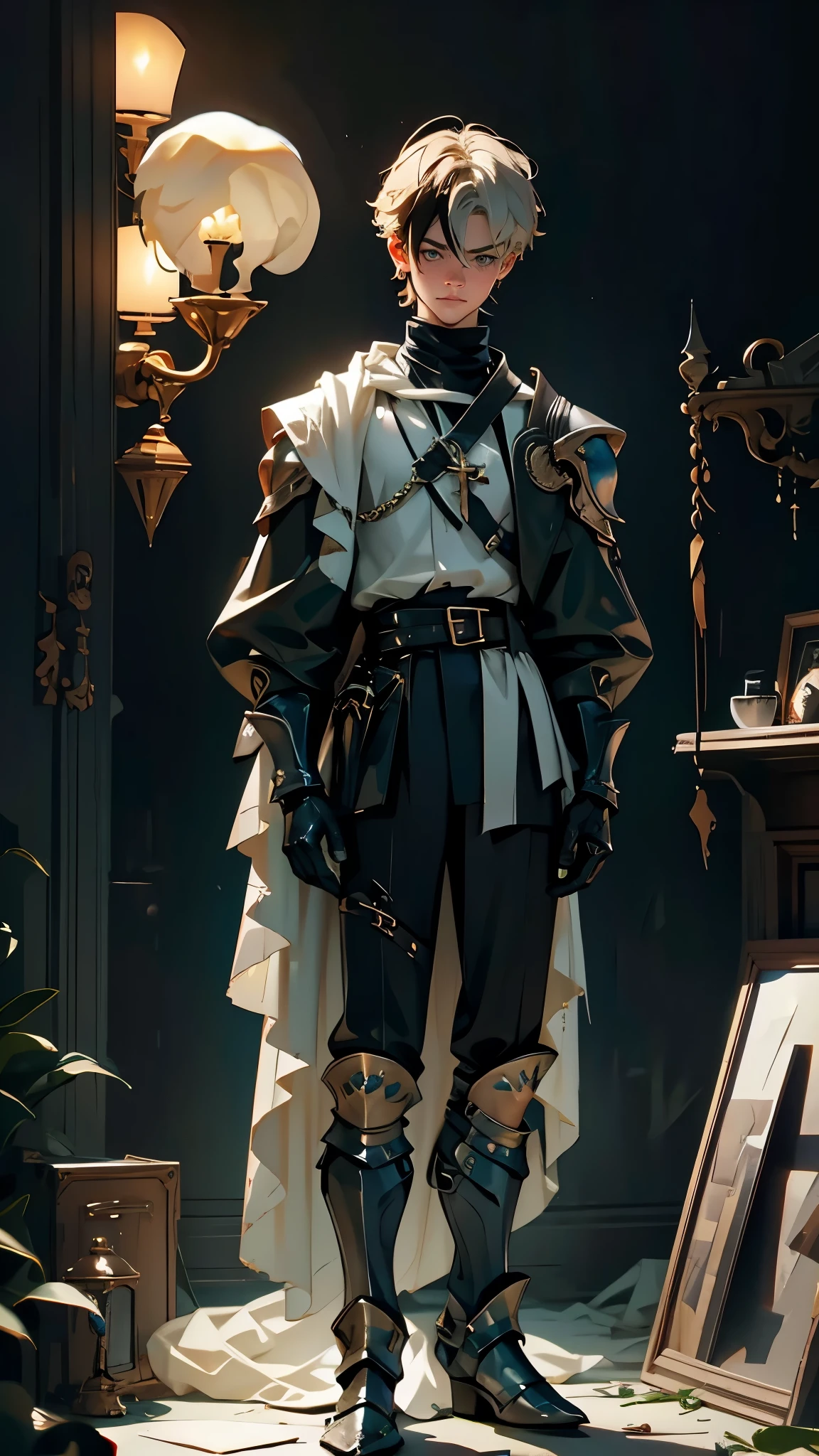 envision a 8k, highres, cinematic, detailed, semi realistic full body pinup of a cute boy, with a slender face, big eyes, a short slender body, and shaggy short blonde hair, multicolored hair, black highlights, blue eyes, black gauntlets, shoulder cape, noble, knight armor, boots, (((1boy))), in dark lighting, against a dark background