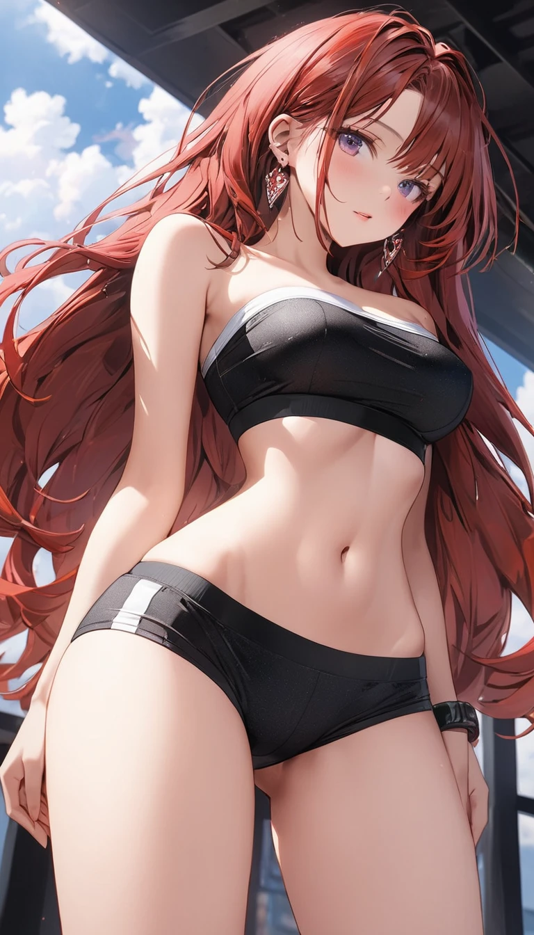  1 woman, (((((UHD))))), (((((masterpiece))))), ((((super detail)))), high details, ((((high quality)))), ((((best quality)))), (((highres))), ((((16k)))), ((Shadows)), ((bright red hair)), hair over shoulder, (black bikini), heart-shaped pupils, sparkling eyes, ((big beautiful light blue eyes)), grin, bright pupils, (small grin), natural lips, light blush, cheek-to-cheek, sparkle, god rays, backlighting, reflection light, bloom, dutch angle, perspective, from above, from behind, beautiful ass, (tight ass) ((defined jawline)), ultra defintion of skin, beautifully detailed eyes, hands on hips, (large white background)