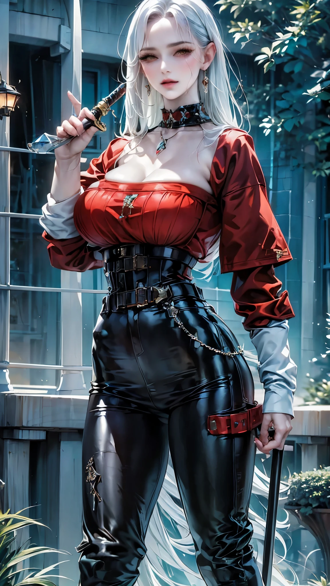 Melodia(1), detailed face, wonderful woman, oversized clothing, red shirt(1.2), long sleeve, fantasy style(1.4), beautiful scenery, white hair (head), haircut short, yellow eyes (intense color ), reddish skin,wearing black techwear jacket and trousers with buckle and tape, ((a crystal necklace)), holding one katana, best quality, incredible quality, very aesthetic. Woman on the street, elegant atmosphere, vibrant colors. Ultra detailed and extremely detailed CG, 8k Unity wallpaper, official art, perfect anatomy, beautiful detailed eyes, oversized pants, leather jeans, beach heat, goddess. sea ​​flowers, blush, sweat, sexy mouth, ((best quality)), ((master part)), ((detailed)), 16k, HDR, RTX, (masterpiece, aesthetic: 1.3), (1 girl), perfect hands, (dynamic pose:1.2), close-up, portrait.