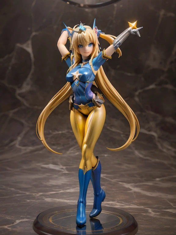 ((best quality)), ((masterpiece)), (detailed), 1 girl, Full body, 1, Smiling face, Blue eyes, Star-shaped tiara, Arms outstretched, Arms behind waist, Blue superhero mask, Blushing, Blonde hair, Straight hair, Long hair, Bangs, Hair ornaments, Star hair ornaments, Full body, Medium breasts, Slim body, Hands with yellow stars, Yellow wristbands, Long purple gloves, Blue gloves, Blue gloves, Yellow shoulder pads, Superhero costume, Superheroes, Yellow leotard suit, With a big yellow star in the center, Star emblem, Somewhat tight, Long yellow cape on waist, Red belt, Purple legs, Purple pantyhose, Long blue boots, Flying, City background, Anime