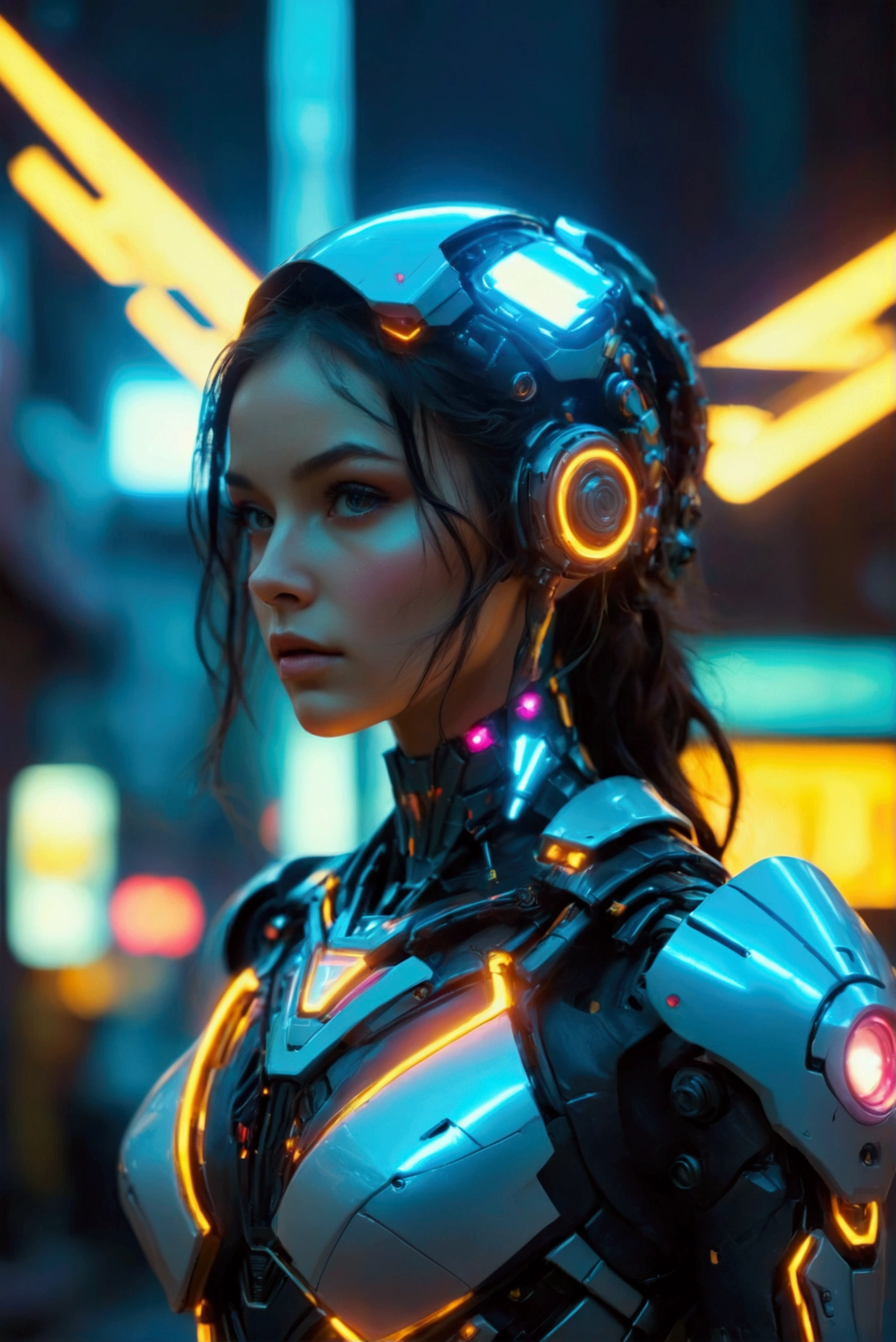 female mecha, closed cyberpunk helmet, superheroine, scifi, ultra-technological, robotic exoskeleton, neon lights, stealthy mode, Matte Black Metal, technomagic, magic, powerful, heroine fullbody pose, fullbody, cinematic lights, cinematic light and shadow effects, superheroes movie, photorealistic