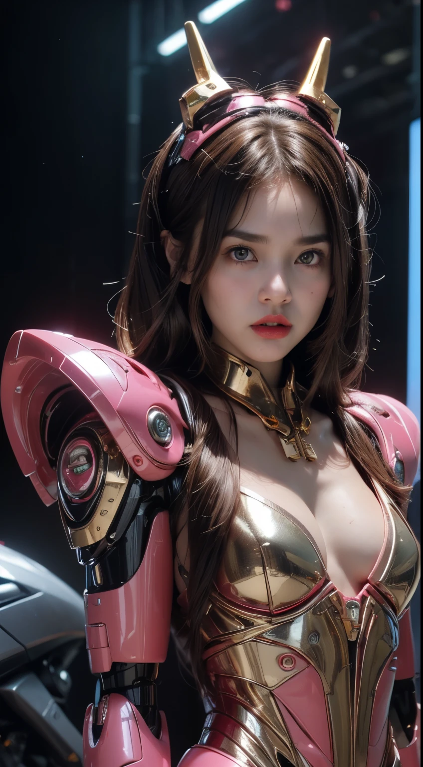 (Wearing Kamen Rider Ark), Very cute and -like face, Power puff girl, Naked, Angry pose, Angry face, (((BROWN HAIR MALAY GIRL))), masutepiece, High quality, UHD 45K, Realistic face, Realistic skin feeling , A Japanese Lady, ,((GOLD HORNES)), Very cute and babye face, (((SMALL BREASTS))), (((VISIBLE CLEAVAGE))), (MATRIX WORLD), ((look In front at the camera and SADNESS)), with Kamen Rider fashion, ((PINK BLACK MECHA SUIT)), captured in ultra high resolution with photorealistic and beautiful lighting. (((CUTE GIRL))), ((RED LIPS)), ((NUDE)), ((CHUBBY)), ((MECHANICAL ROBOT GIRL)). Malay girl wearing pink black Mechanical costume girl in the middle of the toll road