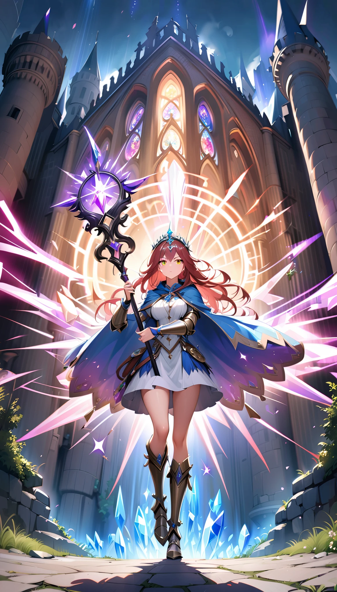 (Golden Ratio:1.2),(medieval castle:1.2),(magical aura:1.3),[(fantasy battlefield:1.4)::5], (full body shot:1.5),(ultra-detailed:1.3), (arcane mage:1.6), (enchanted artifacts:1.2),(dynamic spellcasting pose:1.6),(ethereal magic wings:1.2),full body centered, battle stance,(determined:1.2),(flowing auburn hair),(ornate tiara),(glowing runes:1.0),((leather boots,mystical eyes)),(elegant mage robes:1.0)+(Shimmering magical cloak :1.3)+(swirling arcane symbols :1.2),(Enchanted leg armor:1.2),(crystal staff:1.6),(magical barrier spell:1.4),(captivating beauty:1.5),(fierce determination:1.5),(channeling powerful magic:1.4),(close-up full body portrait:1.7),