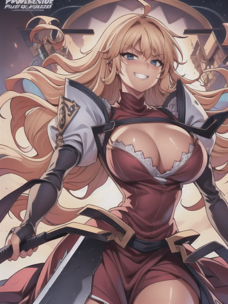 masterpiece,best quality,kim_kwang_hyun, 1girl, long curly silvery-blondie hair, bangs, Ahoge, plumpy, solo, silvery-blondie-blondie hair, Long curly hair, ahoge, large huge breasts, looking at viewer, blue eyes, pale-blondie hair, big boson, large huge breasts, long sleeves, dress, cleavage, closed mouth, weapon (( hand-blade)), puffy sleeves, arm up, clothing cutout, copyright name, red dress, cleavage cutout, juliet sleeves , power armor, shoulder armor, silvery-blondie-blondie hair, long curly hair, ahoge, blue eyes, angey eyes, evil grin 