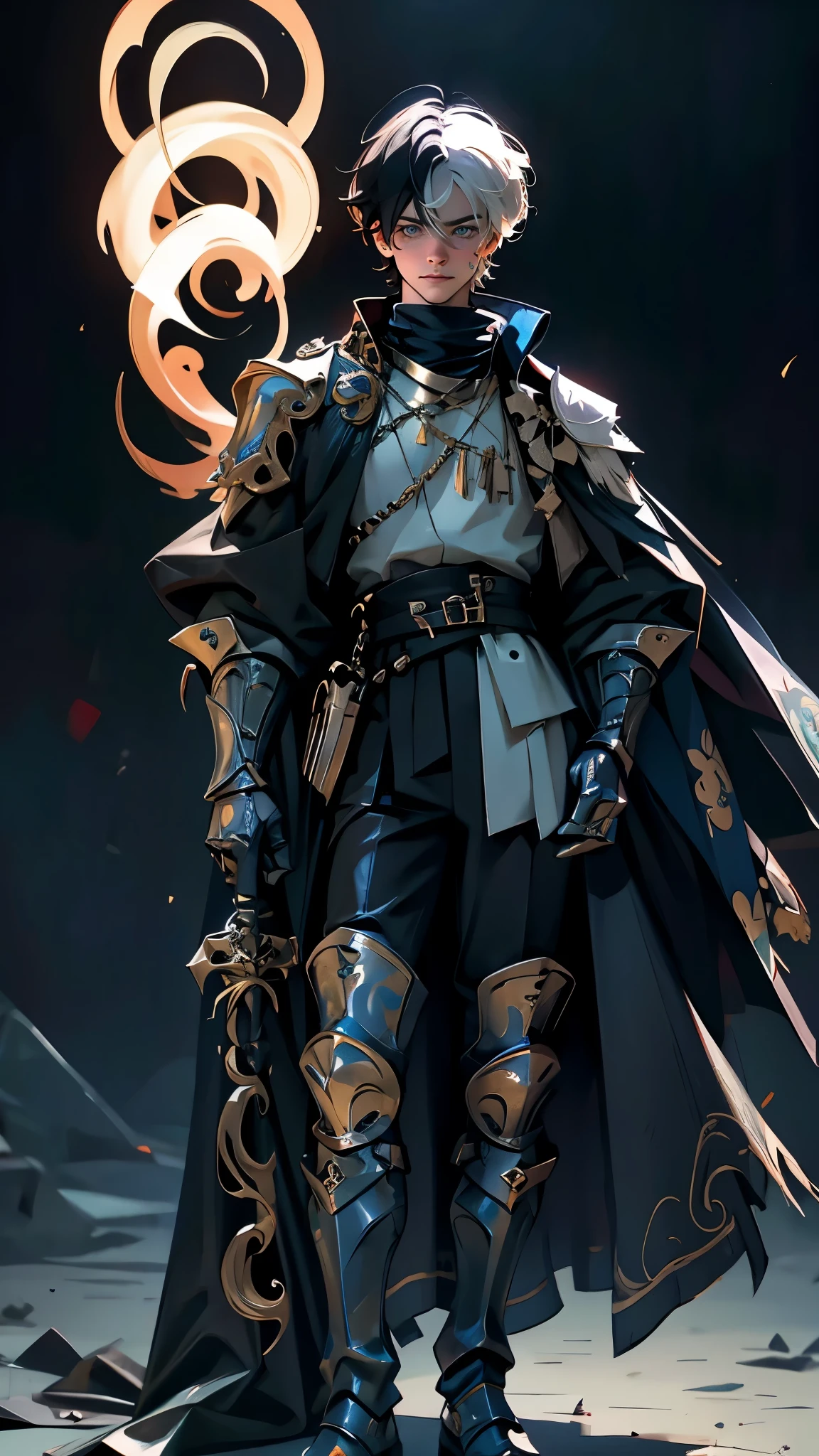 envision a 8k, highres, cinematic, detailed, semi realistic full body pinup of a cute boy, with a slender face, big eyes, a short slender body, and shaggy short blonde hair, multicolored hair, black highlights, smile, blue eyes, black gauntlets, shoulder cape, noble, knight armor, boots, (((1boy))), in dark lighting, against a dark background