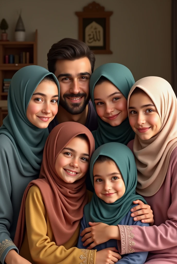 A happy muslim family, father, daughter in center with graduation cap hijab and mother