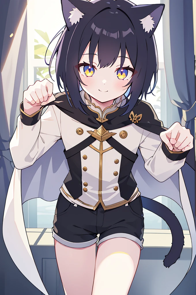 1 boy with black hair and cat ears, golden eyes, straight hair, short hair, shoulder length hair, cat tail, cute smile, cape, short pants, (best quality, 4k, 8k, highres, masterpiece:1.2), ultra-detailed, (solo boy), dramatic lighting, extremely detailed, complex fabric textures, cinematic composition, glowing eyes, paw pose