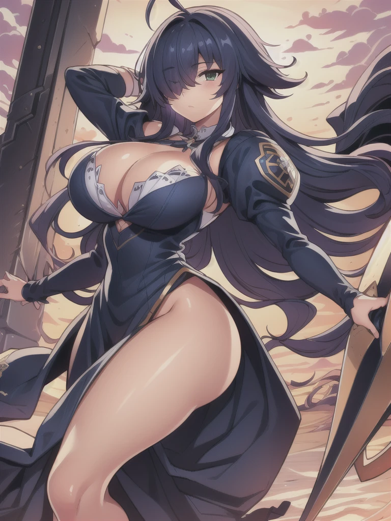 masterpiece,best quality,kim_kwang_hyun, 1girl, azuma,large Long  hair, indigo colored hair, Bangs (((hair over one eye ))), ahoge, plumpy, solo, indigo colored  hair, large huge breasts, looking at viewer, blue-green eyes, indigo colored hair, Bangs (((hair over one eye ))), big bosom, large huge breasts, long sleeves, dress, cleavage, closed mouth, weapon ((large spiked-club)), puffy sleeves, arm up, clothing cutout, copyright name, purple dress, cleavage cutout, juliet sleeves , power armor, shoulder armor, large long hair, hair over one eye indigo colored hair, blue-green eyes, ahoge