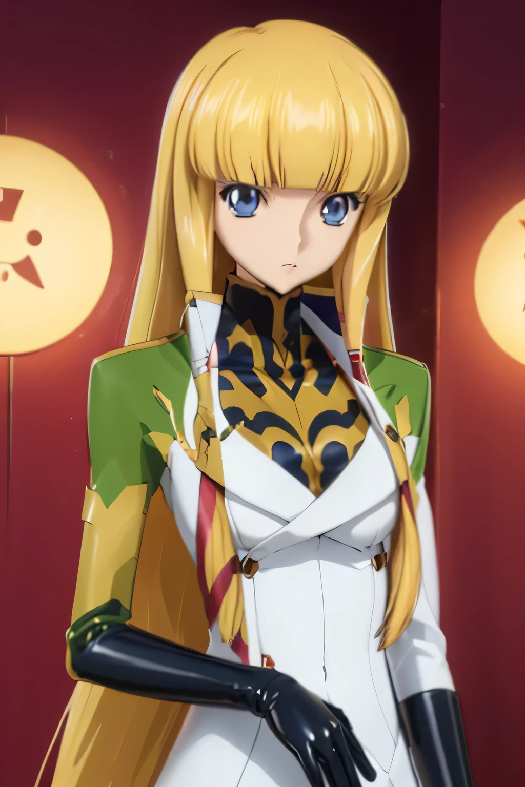 Highest quality,Highest Resolution,(((Latex military uniform　Blonde　dark blue eyes)))　Code Geass　Monica　long hair　straight　expressionless　flat chest　woman　cool