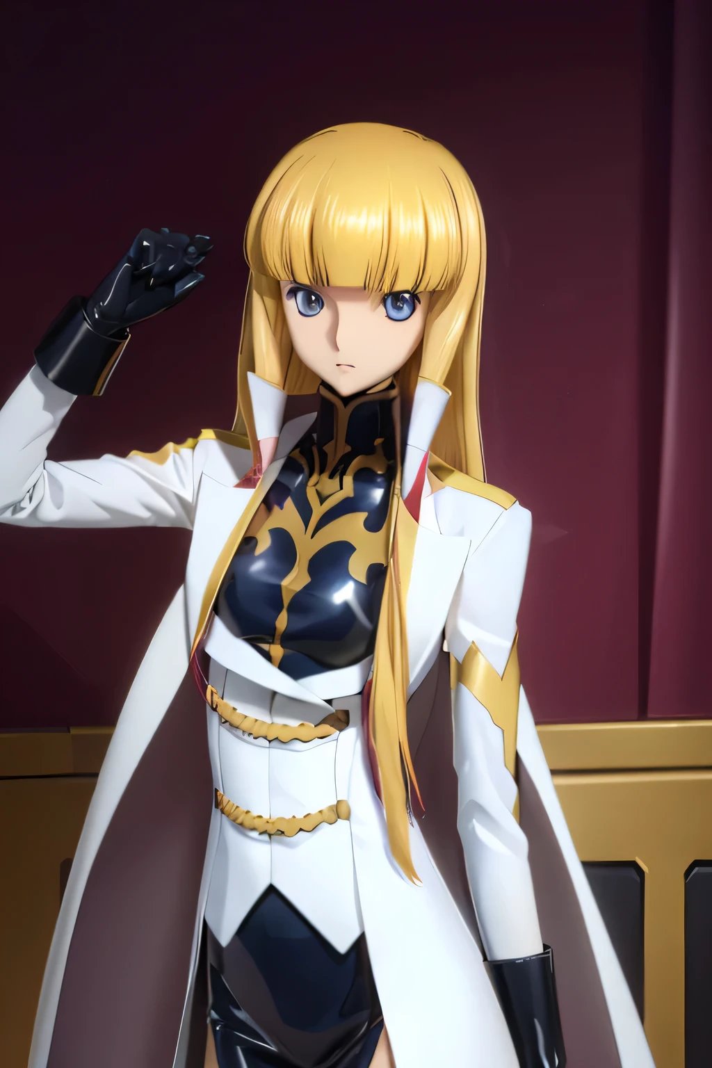 Highest quality,Highest Resolution,(((Latex military uniform　Blonde　dark blue eyes)))　Code Geass　Monica　long hair　straight　expressionless　flat chest　woman　cool