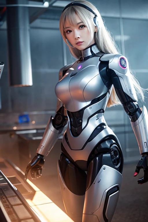 Complex 3d render ultra-detailed beautiful porcelain profile female android face, cyborg, robot part, 150 mm, beautiful studio soft light, rim light, vivid details, gorgeous cyberpunk, lace, surreal, anatomical, face muscle, cable wire, microchip, elegant, beautiful background, octane rendering, HR Giger style, 8k, top quality, masterpiece, illustration, very delicate and beautiful, highly detailed, CG, uniform, wallpaper, ( realistic, Photorealistic: 1.37), Amazing, Elaborate, Masterpiece, Top quality, Official art, Highly detailed CG unity 8k wallpaper, Absurd, Incredibly absurd, Robot, Silver Halmet, Full body, Sitting