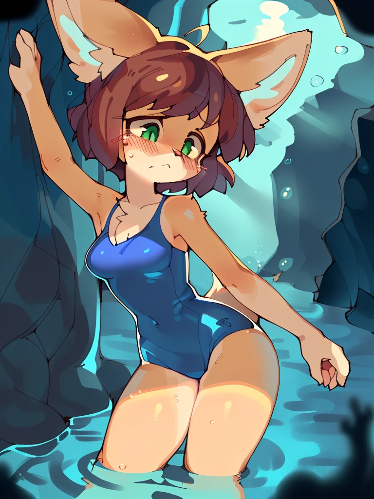 furry1.5, fur, tail, anthro female, female furry, ((detailed fur)), ((detailed shading)), ((beautiful render art), by wamudraws, detailed fur, best quality, HD, upper body, 1girl, solo, fennec girl, tan body, brown hair, short hair, green eyes, white pupil, ocean, sea, sexy breasts, blue one-piece swimsuit, moaning, old school swimsuit, underwater, cavern, cave, ocean, dark light, underwater, ((detailed fur)), ((detailed shading)), ((beautiful render art)), by wamudraws, old school swimsuit, underwater, narrow, cave, stuck, drowning, sad, scream, blush, orgasm, standing