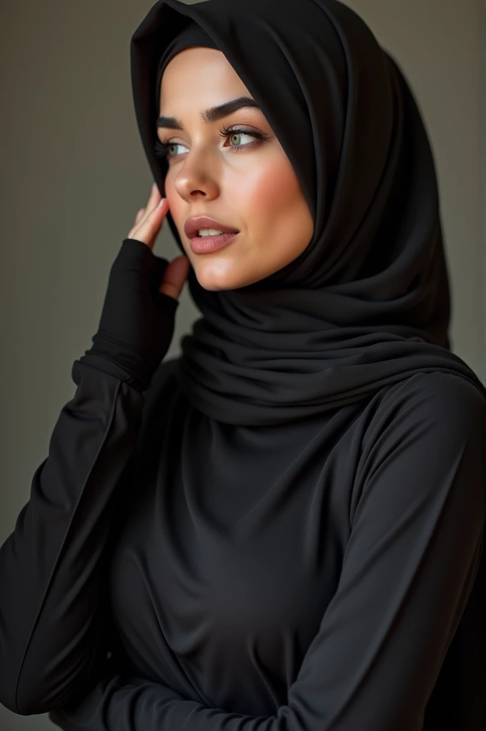 Hijab, tight abaya shaping body, beach, windy weather, serious face, lipstick