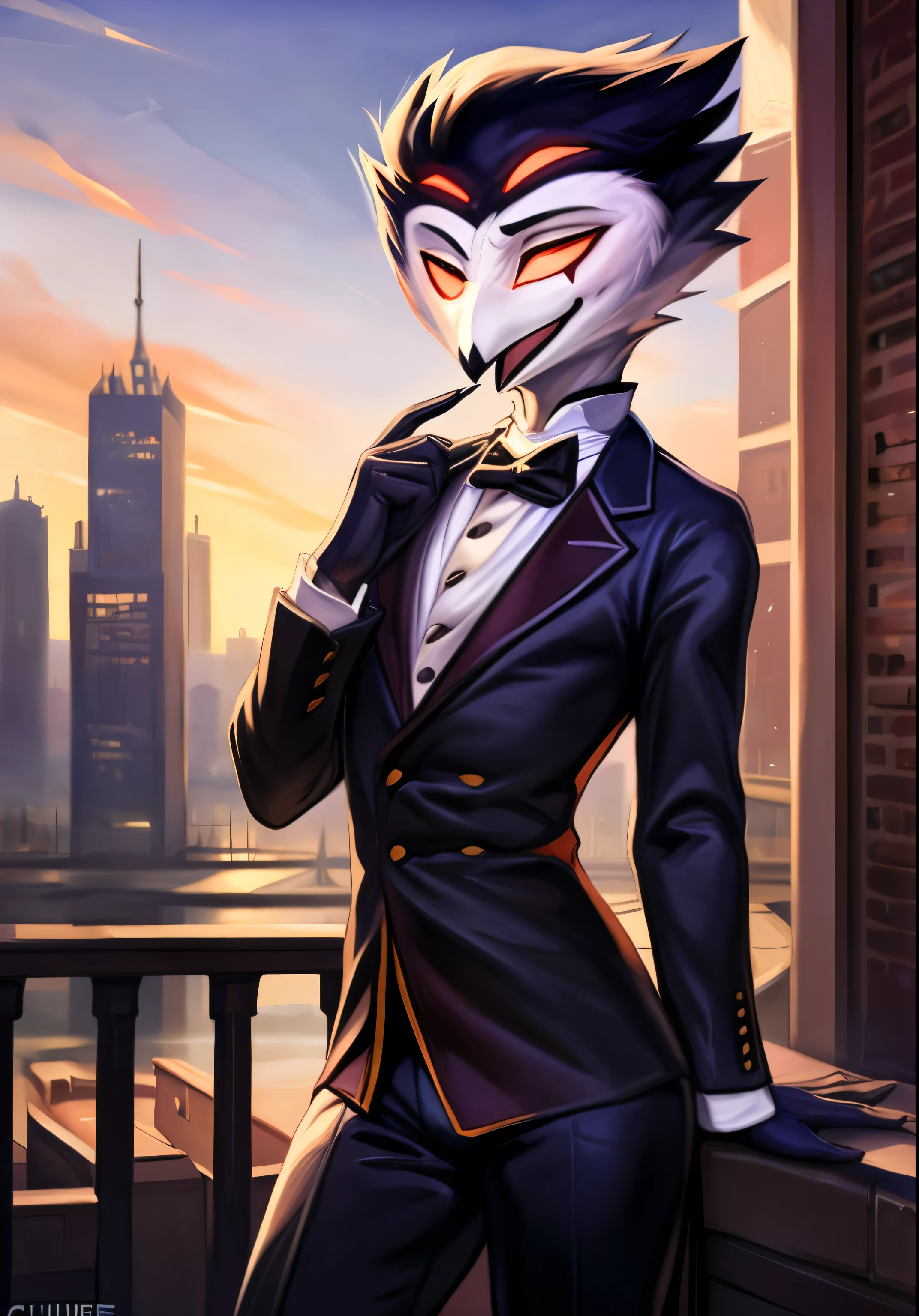 por zackary911,by Chunie,(by place:1.2),by kiyosan,by sigma,((masterpiece)), ((8K quality)), (without watermark), stolas, male, SFW, upright posture, Closed mouth, standing, perfect red formal suit, another hand at his side, (Alone:1.4), pulcro, bright, male body, ((Slim body)), showy, vibrant colors, perfect lighting, perfect shadows, Perfect eyes, perfect face, ((victorian city background)), evening, Global light, (decolaed background, depth of field), (4k, 2k, shading, absurd resolution), perfectly centered image