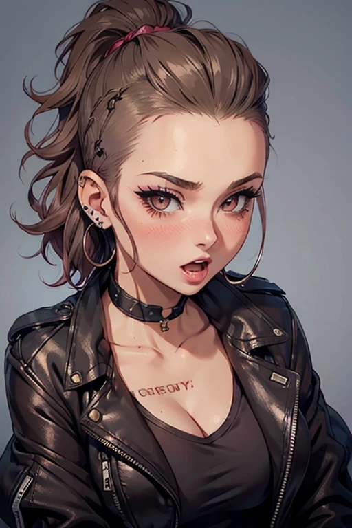 sexy girl, open mouth, horny, blush, curly hair, half_buzzcut_hairstyle, cleavage, leather jacket, tattooed, choker, earrings, makeup