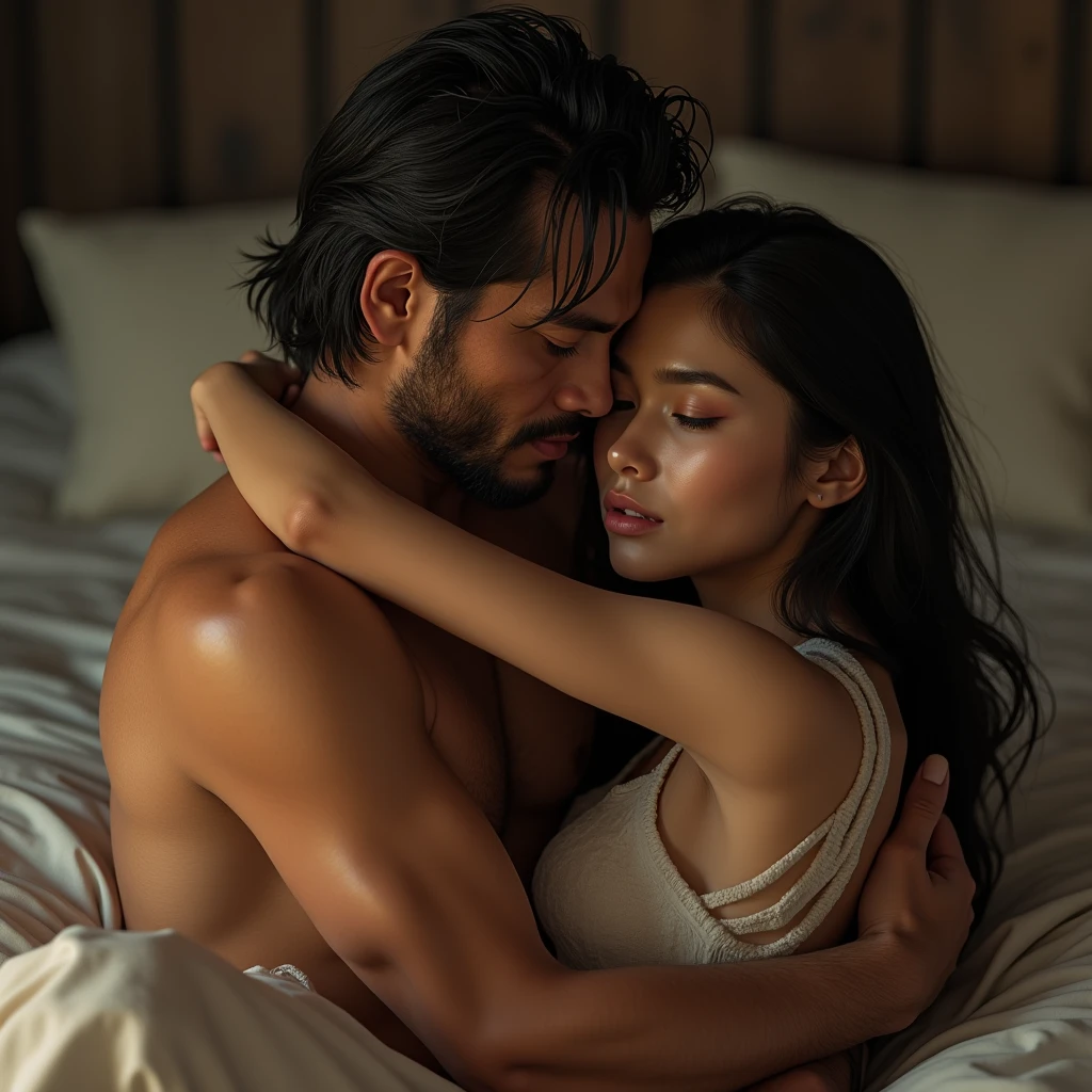 A girl Kissing a Man on bed