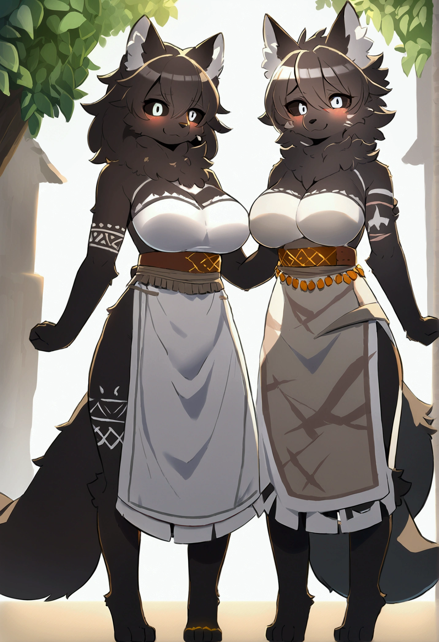 best quality, detailed, 2girls, twins, (jackal), female, black fur, (black body), no jewelry, no accessories, busty, (no hair), curvy, thick thighs, collar