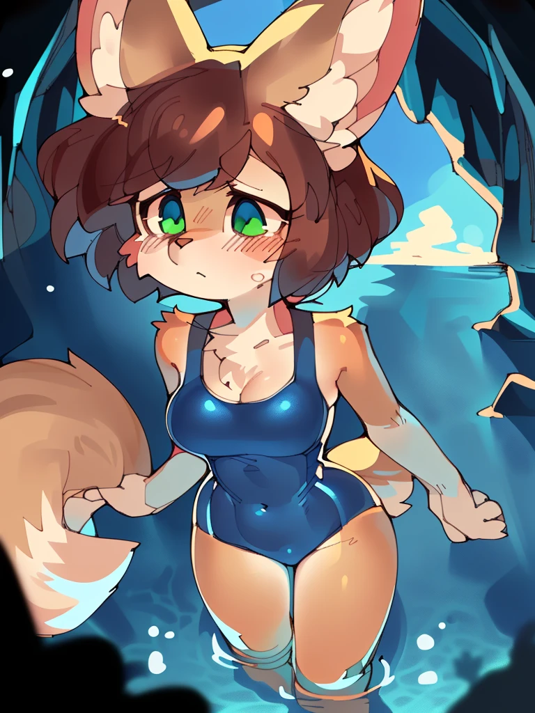 furry, fur, tail, anthro female, female furry, ((detailed fur)), ((detailed shading)), ((beautiful render art), by wamudraws, detailed fur, best quality, HD, upper body, 1girl, solo, goat girl, white body, goat horns, black hair, short hair, red glasses, blue eyes, white pupil, ocean, sea, sexy breasts, blue one-piece swimsuit, round eyewear, moaning, diving, old school swimsuit, underwater, cavern, cave, T46405, narrow, stuck, sad, panic, blush 