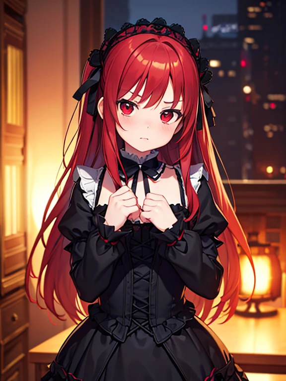 1girl, cute, gothic lolita, redhead, long hair, two side up, red eyes, sullen, shy expression, blushing, cowboy shot, detailed face, highly detailed, 8k, masterpiece, (best quality:1.2), (realistic:1.37), HDR, UHD, studio lighting, ultra-fine painting, sharp focus, physically-based rendering, extreme detail description, professional, vivid colors, bokeh, digital painting, surreal, dark fantasy