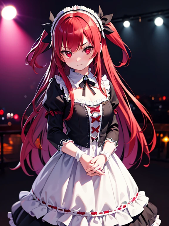 1girl, cute, gothic lolita, redhead, long hair, two side up, red eyes, sullen, shy expression, blushing, cowboy shot, detailed face, highly detailed, 8k, masterpiece, (best quality:1.2), (realistic:1.37), HDR, UHD, studio lighting, ultra-fine painting, sharp focus, physically-based rendering, extreme detail description, professional, vivid colors, bokeh, digital painting, surreal, dark fantasy